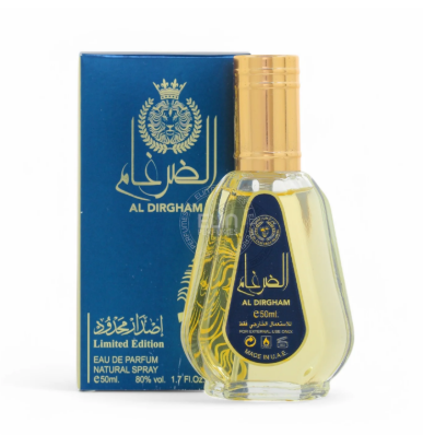 Al Dirgham Limited Edition Eau de Parfum natural spray bottle with a gold cap next to its blue packaging box, on a white background.