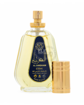 Al Dirgham perfume bottle with a gold cap and gold-colored liquid, shown next to its gold cap on a white background.