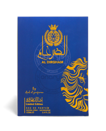 Al Dirham Eau de Parfum Limited Edition box by Ariel al jaafar, featuring a deep blue background with gold Arabic calligraphy, a lion graphic, and a crown emblem.
