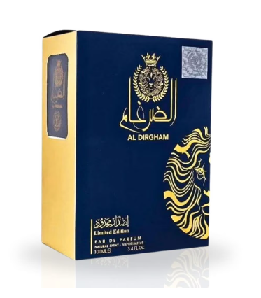 Al Dirgham Eau de Parfum packaging box in navy blue and gold, featuring a lion graphic and Arabic calligraphy on a white background.