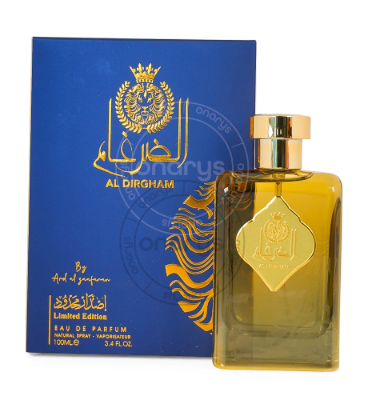 Al Dirgham Eau De Parfum bottle with gold cap next to its blue and gold packaging box, on a white background.