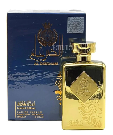 Al Dirgham Limited Edition Eau de Parfum bottle and its blue packaging box, featuring gold lettering and a gold cap on a white background.