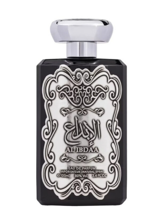 A rectangular black perfume bottle with a silver-toned ornate label and matching silver cap, shown on a plain white background. The label features Arabic calligraphy and the text 'ALIBDAA'.