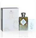 A perfume set featuring a rectangular glass bottle filled with amber liquid, a silver-toned cap, a white decorative label, a matching white outer box with embossed detailing, and a small white card, all arranged on a reflective white surface.