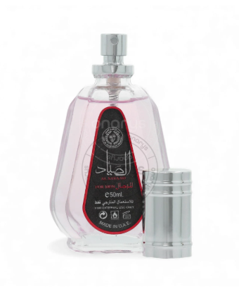 A 50ml clear glass perfume bottle with a silver spray nozzle and a detached silver cap, featuring a black and red label with Arabic text, on a white background.