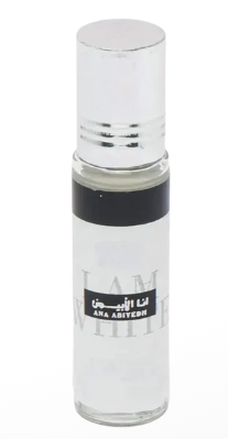A clear cylindrical roller bottle with a silver cap and a black band, labeled 'Ard Al zaafaran ana abiyedhI', on a white background.