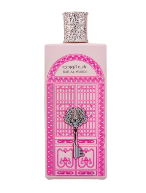 A pink rectangular perfume bottle with a silver ornate key graphic on the front, labeled 'Arabian Water' by 'Ghassen', set against a plain white background.