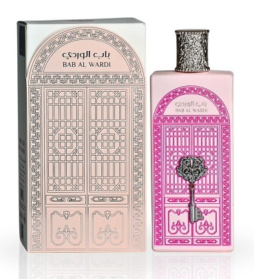 Bab Al Wardi perfume bottle and its packaging box, featuring a pink and white design with traditional architectural door patterns and a silver key motif.