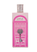 A pink rectangular perfume bottle with a decorative pink door illustration, silver key motif, and a sparkling silver cap, shown on a plain white background.