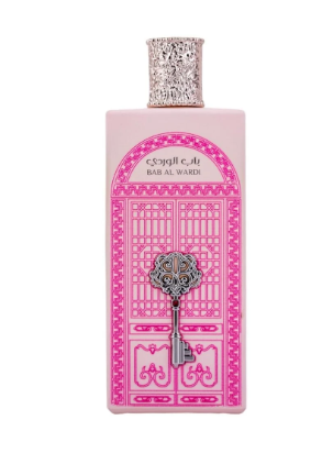 A pink rectangular perfume bottle with a decorative pink door illustration, silver key motif, and a sparkling silver cap, shown on a plain white background.
