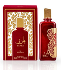 Barez Eau de Parfum bottle and its red packaging box, both featuring gold Arabic calligraphy and botanical patterns on a white background.