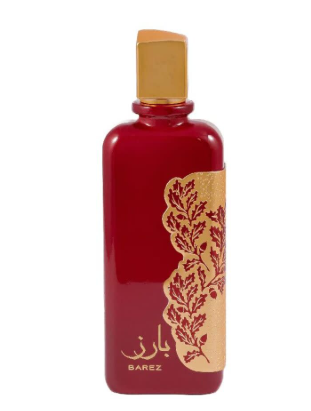 A red rectangular perfume bottle with a gold cap and a gold botanical label, featuring the brand name BAREZ in gold lettering near the bottom.