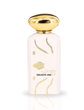 A white rectangular perfume bottle with a shiny gold cap, featuring gold abstract line art and the text 'DALOGATE ANA' on the front, set against a plain white background.