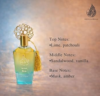 A perfume bottle with a gold ornate cap and tassel, showing a yellow-to-blue gradient liquid, set against a textured blue background with text detailing the fragrance notes.