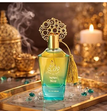 A perfume bottle with a gold ornate cap and tassel, filled with yellow-to-blue gradient liquid, displayed on a gold tray with candles and gold decor in the background.
