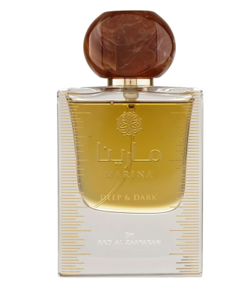 A bottle of Al Rasasiya Darina Deep & Dark perfume, featuring a clear glass bottle with a golden-yellow liquid, a faceted brown cap, and gold-toned text and stripe details on the front.