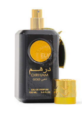 A bottle of Elham Dirham Gold Eau de Parfum with its cap placed beside it on a clean white background.