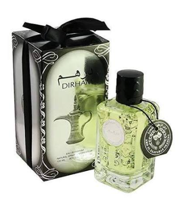 A bottle of Dirham Eau de Parfum next to its decorative black and silver gift box, featuring a green liquid and a black cap, on a white background.