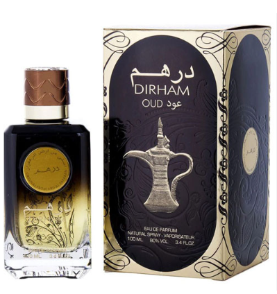 A bottle of Dirham Oud Eau de Parfum next to its decorative packaging box. The bottle is dark glass with a gold-toned cap and a gold circular label, while the box features a dark navy blue central panel with a silver Arabic dallah illustration and ornate beige scrollwork.