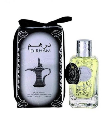 Dirham Eau de Parfum bottle next to its black and white gift box with a black ribbon, on a white background.