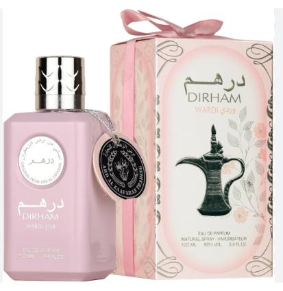 A bottle of Wardi Dirham perfume in a soft pink glass bottle with a silver cap, shown next to its pink and white gift box decorated with a pink ribbon and an illustration of a traditional Arabic coffee pot.
