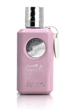 A pink rectangular perfume bottle with a silver cap and a small hanging key tag, shown on a white background with a faint reflection below.