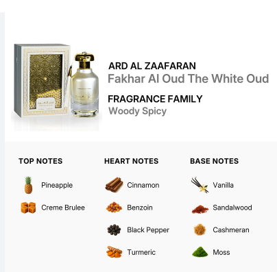 A fragrance product graphic showing a boxed perfume bottle labeled 'Ard Al Zafaran Fakhar Al Oud The White Oud' with scent notes listed below: top notes Pineapple, Creme Brulee; heart notes Cinnamon, Benzoin, Black Pepper, Turmeric; base notes Vanilla, Sandalwood, Cashmerwan, Moss.