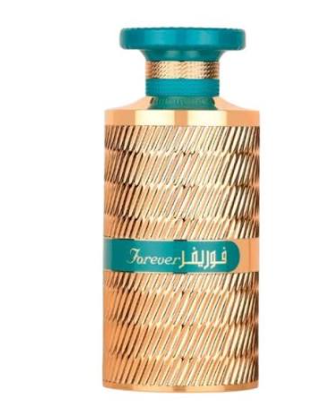 A cylindrical perfume bottle with a textured metallic gold body, a teal green cap, and a teal green label with the brand name 'Forever' in white.