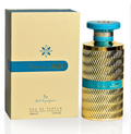 Flower Power Eau de Parfum by Ariel de guarner, featuring a textured gold bottle with a turquoise blue cap and band, next to its beige packaging box with a blue band.