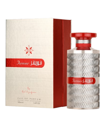 A bottle of Forever Eau de Parfum with a textured silver body and red cap, shown next to its cream and red packaging box.