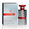 A 100ml bottle of By Ariel al zafaran Jazira Eau de Parfum next to its silver packaging box, featuring a textured silver design with a red band and red cap.