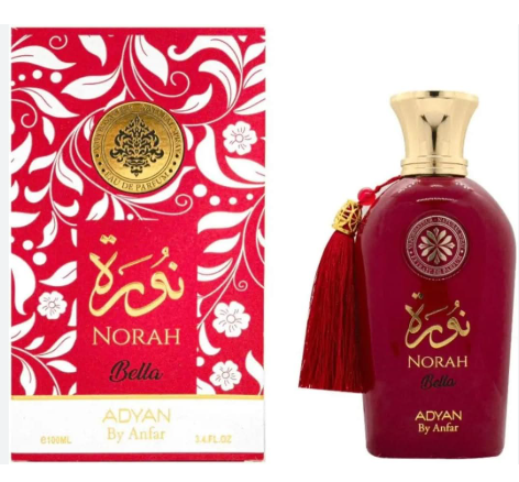 NORAH Bella Advan perfume bottle and its red and white ornate packaging box, featuring gold lettering and a red tassel.