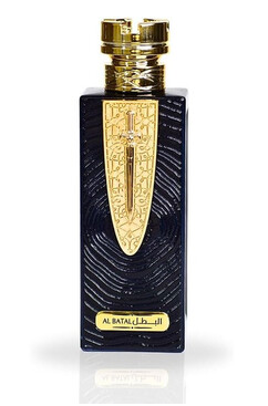 A rectangular perfume bottle with a textured dark navy blue body, featuring a prominent gold shield emblem with a sword design and a gold cap, labeled 'Al Batal II'.