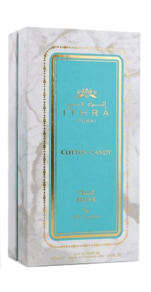 A boxed fragrance product labeled ITHERA COTTON CANDY, shown in a white marble-patterned box with a large turquoise center panel and gold decorative border.