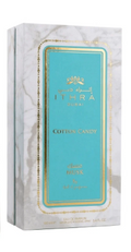 A boxed fragrance product labeled ITHERA COTTON CANDY, shown in a white marble-patterned box with a large turquoise center panel and gold decorative border.