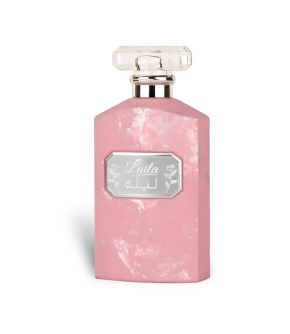 A pink perfume bottle with a textured, pearlescent finish and a silver-toned label reading 'Lila', set against a plain white background.