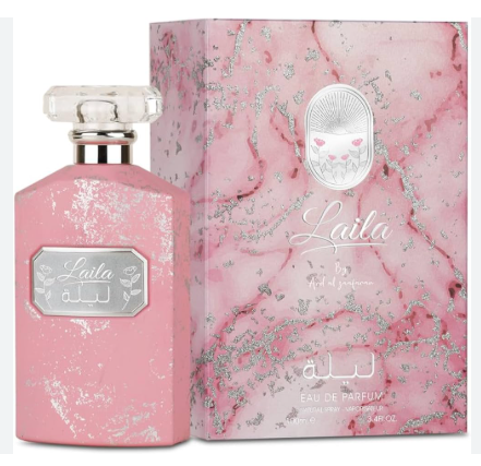 Pink Laila by Afnan perfume bottle with a clear cap next to its matching pink marble-patterned box, featuring silver foil accents and Arabic text.