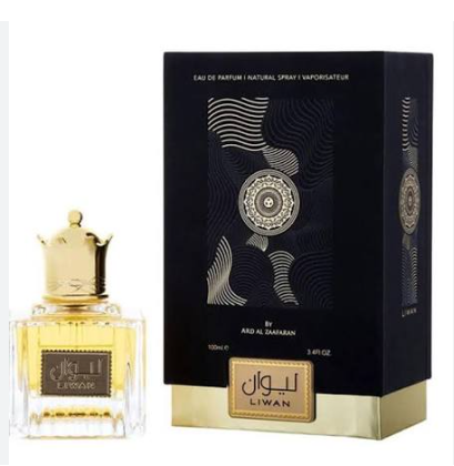 A 100ml bottle of By Ard Al Za'haran Al Bual Liwan Eau de Parfum next to its black and gold packaging box, shown on a plain white background.