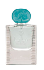 A bottle of Alhambra Eau de Toilette perfume with a translucent light blue cap and a textured, frosted clear glass body, shown against a plain white background.