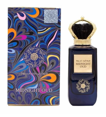 Midnight Oud perfume bottle and its decorative packaging box. The bottle is dark blue glass with a gold label and ornate gold detailing, topped with a black and gold crown-shaped cap.