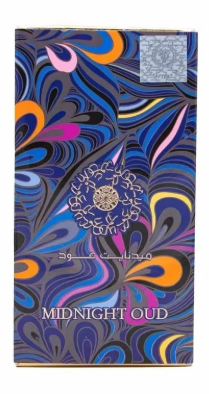 A rectangular perfume box with a colorful abstract marbled pattern in blue, purple, orange, pink, and yellow. The front shows Arabic text, the English name 'MIDNIGHT OUD' at the bottom, and a small silver-toned emblem in the top right corner.