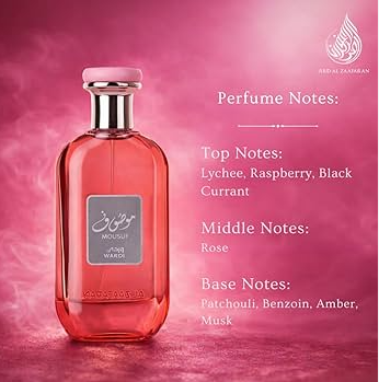 A pink perfume bottle with a metallic silver label and pink cap, set against a pink background with text detailing the fragrance notes: Top Notes of Lychee, Raspberry, and Black Currant; Middle Notes of Rose; and Base Notes of Patchouli, Benzoin, Amber, and Musk. The brand logo for 'Royal Decor' is visible in the top right corner.