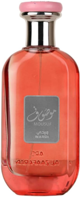 A bottle of Wandi Mousif perfume with a translucent coral-pink glass body, a silver metallic neck, and a pink cap, shown against a plain white background.