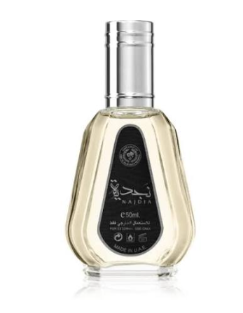 A 50ml bottle of Najda perfume oil with a silver cap and a black label, containing a pale yellow liquid, set against a plain white background.