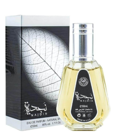 A bottle of NAIDIA Eau de Parfum with a silver cap and a black label, shown next to its black and white retail box featuring a leaf design.