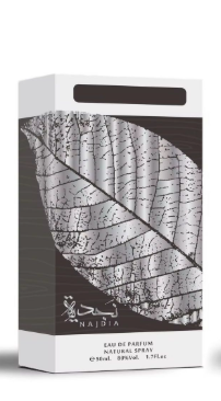 A 10ml box of NAIDA Eau de Parfum Natural Spray, featuring a white and black design with a prominent leaf vein pattern.