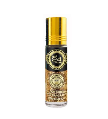 A 24-hour perfume oil rollerball bottle with a shiny gold cap and a black and gold label, shown on a plain white background.