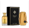 A bottle of Qidan Eau de Parfum with a gold cap, shown next to its black and gold box and a gold drawstring pouch on a white background.