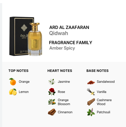 A fragrance product graphic showing a clear glass perfume bottle with amber liquid and a black box, labeled 'ARD AL ZAAFARAN Qidwah' from the 'FRAGRANCE FAMILY Amber Spicy' line. Below, scent notes are listed: top notes Orange and Lemon, heart notes Jasmine, Rose, Orange Blossom, and Cinnamon, and base notes Sandalwood, Vanilla, Cashmere Wood, and Patchouli.