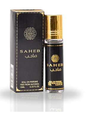 A bottle of Sahb roll-on perfume next to its black and gold packaging box, displayed on a reflective white surface.